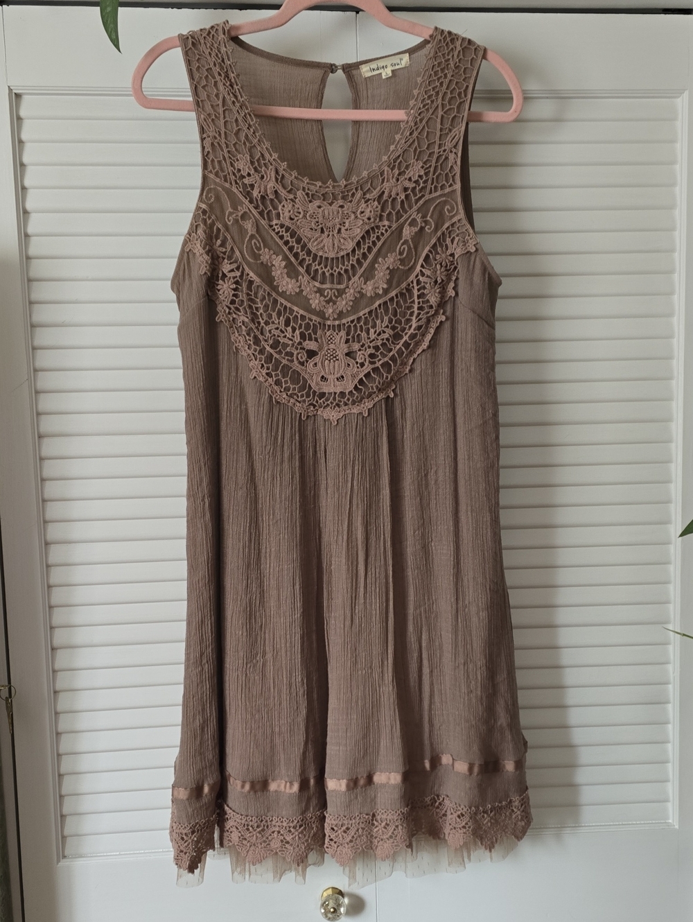 Indigo Soul Boho Crochet Yoke Sleeveless Dress - Taupe